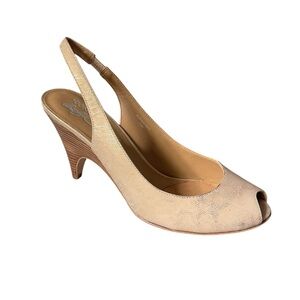Donald J Pliner Papina Sand Gold Metallic Sheen Peep Toe Slingback heels 7.5